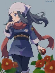  1girl absurdres akari_(pokemon) black_hair black_pantyhose black_sash blush butaniku_(niginigi777) floating_scarf flower galaxy_team_survey_corps_uniform grey_eyes grey_jacket headscarf highres hisuian_poke_ball holding holding_poke_ball jacket long_hair pantyhose parted_lips poke_ball pokemon pokemon_legends:_arceus ponytail red_scarf sash scarf sidelocks white_headscarf 