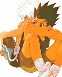  2boys 7enn brown_eyes brown_hair brown_shorts brown_tank_top colored_skin commentary_request feet gon_freecss highres hunter_x_hunter killua_zoldyck male_focus multiple_boys no_shoes orange_skin short_hair shorts simple_background sitting socks spiky_hair tank_top white_background white_hair white_socks 