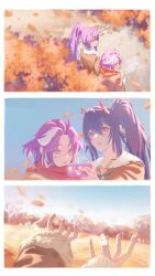  2girls absurdres ahoge akuma_nihmune autumn_leaves blue_sky brown_jacket cellphone demon_horns facial_mark hair_between_eyes hair_ornament heart heart_facial_mark highres horns indie_virtual_youtuber jacket kaiharakel leaf long_hair michi_mochievee mole mole_under_eye multicolored_hair multiple_girls open_mouth patchwork_skin phone ponytail purple_hair scarf sky smartphone star_(symbol) star_hair_ornament stitched_face stitches streaked_hair virtual_youtuber white_hair yuri 