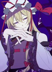  1girl adapted_costume bare_shoulders blonde_hair commentary detached_sleeves frills gap_(touhou) hair_between_eyes hat hat_ribbon highres interlocked_fingers kageori_alice long_hair long_sleeves mob_cap own_hands_together parted_lips puffy_sleeves purple_background purple_tabard ribbon smile solo tabard touhou touhou_gensou_eclipse violet_eyes wide_sleeves yakumo_yukari 
