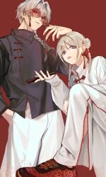  1boy 1girl black_shirt blue_hair braid chinese_clothes commentary_request earrings eyewear_strap fingernails folded_fan folding_fan from_below glasses grey_hair hair_bun hair_intakes hair_over_shoulder hair_ribbon hand_fan hand_in_pocket hand_on_another's_head hand_up high_collar highres holding holding_fan idolmaster idolmaster_shiny_colors idolmaster_side-m in-franchise_crossover jewelry kizaki_ren knee_up long_hair long_sleeves looking_at_viewer pankou pants partially_unzipped red-tinted_eyewear red_background red_nails red_ribbon red_shoes ribbon ring round_eyewear serizawa_asahi shirt shoes sidelocks simple_background single_braid tassel tassel_earrings tinted_eyewear tongue tongue_out toto_logi twin_braids white_pants white_shirt yellow_eyes zipper zipper_pull_tab 