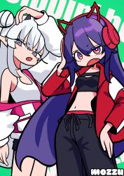  2girls absurdres akuma_nihmune black_pants black_shirt black_shorts demon_girl demon_horns double_bun fang green_background hair_bun headphones highres horns indie_virtual_youtuber jacket long_hair looking_at_viewer lucy_pyre mozzu123 multiple_girls open_mouth pants pink_jacket pointy_ears purple_hair red_eyes red_jacket shirt shorts tank_top virtual_youtuber white_tank_top 