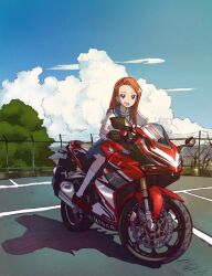  1girl brown_eyes brown_hair clouds commentary_request highres honda idolmaster idolmaster_(classic) long_hair minase_iori motor_vehicle motorcycle on_motorcycle school_uniform serafuku shinomiya_nanase sky smile vehicle_request 