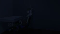  1girl absurdres artist_name black_gloves blue_eyes blue_hair bow bow_earrings chain chain_headband chair commentary dark desk earrings english_commentary expressionless from_side full_body gloves hair_intakes halo highres hololive hololive_english house_flipper ika--1024 indoors jewelry mechanical_halo muted_color night ouro_kronii ouro_kronii_(1st_costume) pinstripe_pattern pinstripe_skirt profile ribbon_earrings short_hair sitting solo variant_set virtual_youtuber 