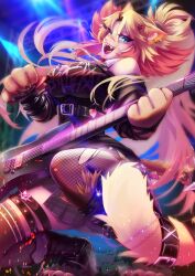  1girl absurdres animal_ears asymmetrical_legwear bandaid bandaid_on_face bandaid_on_nose black_shirt black_thighhighs blonde_hair blue_eyes breasts cat_ears cat_girl cat_tail commentary english_commentary fangs fishnet_thighhighs fishnets freckles guitar hair_ornament highres indie_virtual_youtuber instrument jewelry large_breasts long_hair looking_at_viewer multicolored_hair necklace obkatiekat open_mouth pink_hair ponytail risu_chuu shirt standing tail thigh-highs thigh_strap underbust virtual_youtuber 