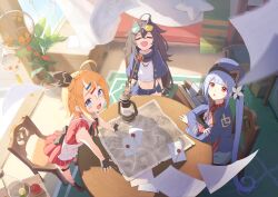  3girls ahoge apron arm_support arms_at_sides bed black_bow black_bowtie black_gloves black_hair blue_cape blue_eyes blue_hair blue_jacket blue_skirt blush_stickers bow bowtie braid brooch cape chair chest_of_drawers closed_eyes crop_top cropped_shirt crossed_arms crossed_bangs crown_braid donna_(stella_sora) dress eyewear_on_head fang fingerless_gloves flower flying_paper freesia_(stella_sora) from_above gem gloves hair_bow hair_flower hair_ornament hairclip heterochromatic_eyewear highres indoors jacket jewelry lantern leaning_forward letter long_hair looking_at_viewer looking_up map_(object) midriff miniskirt motion_blur multiple_girls navel official_art open_mouth orange_hair paper parallel_hairclips plant potted_plant red_dress red_gem red_shirt shadow shirt short_hair side_ponytail sitting skin_fang skirt sleeveless sleeveless_dress smile standing stella_sora straight_hair striped_clothes striped_dress table teresa_(stella_sora) third-party_source tinted_eyewear vertical-striped_clothes vertical-striped_dress very_long_hair white_apron white_shirt wind_chime 