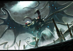  absurdres black_nails chain clouds cloudy_sky colored_skin commentary creature day dragon dragon_wings flying fog glowing grey_skin heart_(organ) highres holding holding_heart_(organ) horns letterboxed making-of_available monster no_eyes original outdoors sky solo spines spire storm_cloud sunlight tail tentacles wings yaziri 