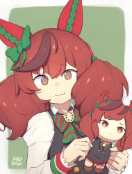  1girl :3 animal_ears birthday black_dress border bow bowtie bright_pupils brown_eyes brown_streaks character_doll close-up closed_mouth collared_shirt commentary dated diagonal-striped_bow diagonal-striped_bowtie diagonal-striped_clothes doll dress ear_bow ear_covers english_commentary green_bow green_bowtie green_trim hair_between_eyes hair_tie happy_birthday highres holding holding_doll horse_ears horse_girl long_sleeves looking_at_viewer medium_hair multicolored_hair nice_nature_(poinsettia_ribbon)_(umamusume) nice_nature_(umamusume) outside_border portrait raised_eyebrows red_bow red_bowtie red_hair red_trim shirt smile snowcrab83 solo streaked_hair striped_bow striped_bowtie striped_clothes twintails umamusume white_border white_shirt 