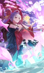  1girl absurdres blue_kimono cho_kaguya-hime! colored_inner_hair commentary_request crying crying_with_eyes_open fish flying_fish grey_eyes hair_ornament hair_rings hair_stick hand_up highres holding holding_umbrella japanese_clothes jellyfish kimono long_hair multicolored_hair off_shoulder oil-paper_umbrella open_mouth pink_hair red_umbrella runami_yachiyo shide solo tears toake_(user_affe3424) umbrella wading white_hair 
