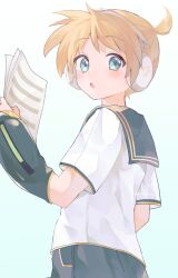  1boy bass_clef black_sailor_collar black_shorts blonde_hair blue_background blue_eyes blush commentary_request detached_sleeves from_side gradient_background headphones highres holding holding_paper kagamine_len looking_at_viewer male_focus mani_(manidrawings) musical_staff open_mouth paper parted_bangs ponytail sailor_collar shirt short_hair short_sleeves shorts sidelocks solo standing turning_head twitter_username vocaloid white_background white_shirt 