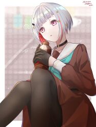  1girl aqua_neckerchief arrow_(symbol) black_gloves black_pantyhose blurry blurry_background border bottle brown_dress colored_inner_hair commentary_request dress feet_out_of_frame gloves grey_hair hair_ornament hairclip half_gloves hasu_no_sora_school_uniform highres holding holding_bottle link!_like!_love_live! long_sleeves looking_ahead love_live! medium_dress multicolored_hair neckerchief outside_border pantyhose parted_lips pink_eyes pleated_dress red_hair red_streaks sailor_collar sailor_dress sakari_(pear_8_ll) school_uniform sitting solo star_(symbol) star_hair_ornament streaked_hair translation_request virtual_youtuber white_border white_sailor_collar winter_uniform yugiri_tsuzuri 