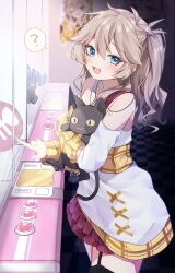  :d ? alternate_costume animal arcade black_cat black_thighhighs blue_eyes blue_nails blush cat clothing_cutout collarbone commentary_request cowboy_shot crane_game double-parted_bangs dress fang garter_straps grey_hair hair_between_eyes highres holding holding_animal holding_cat kasukabe_tsumugi long_hair long_sleeves looking_at_viewer mani_(manidrawings) mole mole_under_eye multicolored_dress nail_polish one_side_up plaid_clothes plaid_dress poster_(object) red_skirt shoulder_cutout sidelocks single_thighhigh skin_fang skirt smile sparkle speech_bubble spoken_question_mark standing thigh-highs voicevox white_dress yellow_dress 