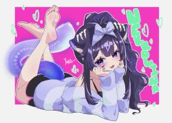  1girl absurdres ahoge animal_ear_fluff animal_ears bone_tail bow cat_ears cat_girl dolphin_shorts fangs feet hair_bow heart highres indie_virtual_youtuber long_hair looking_at_viewer lying nekrolina on_stomach open_mouth pink_background ponytail purple_bow purple_hair shorts smile tail violet_eyes virtual_youtuber xarakura_xara 
