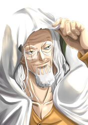 1boy beard black_eyes cloak closed_mouth commentary_request facial_hair highres hood hood_up long_sleeves looking_to_the_side male_focus musasabiop old old_man one_piece orange_shirt round_eyewear scar scar_across_eye scar_on_face shirt silvers_rayleigh white_background white_cloak 