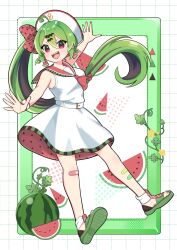  1girl :d akane_(akane112234) ascot bandaid bandaid_on_knee bandaid_on_leg bare_arms bare_shoulders black_streaks blush commentary_request dot_nose double-parted_bangs dress food fruit full_body green_hair green_sandals hair_between_eyes hat highres long_hair looking_at_viewer multicolored_hair open_mouth original outstretched_arms red_ascot red_eyes red_sailor_collar sailor_collar sailor_dress sandals sharp_teeth side_ponytail smile solo spread_arms standing streaked_hair teeth upper_teeth_only v-shaped_eyebrows watermelon white_dress white_hat 