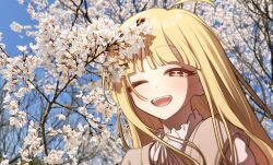  1girl absurdres ahoge blonde_hair cherry_blossoms cho_kaguya-hime! commentary_request half-closed_eye highres kaguya_(cho_kaguya-hime!) long_hair neck_ribbon one_eye_closed open_mouth photo_background red_eyes ribbon shioyaki_tomato smile solo straight_hair teeth upper_body upper_teeth_only variant_set white_ribbon 