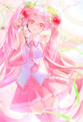  1girl absurdres blush branch breasts cherry_hair_ornament collared_shirt commentary_request day detached_sleeves falling_petals floral_print flower food-themed_hair_ornament hair_between_eyes hair_ornament hatsune_miku headset highres holding holding_flower long_hair long_sleeves looking_at_viewer mameshimeshi medium_breasts miku_day necktie official_alternate_costume outdoors parted_lips petals pink_eyes pink_flower pink_hair pink_necktie pink_petals pink_skirt sakura_miku shirt skirt sleeveless sleeveless_shirt smile solo teeth twintails very_long_hair vocaloid white_trim wide_sleeves 