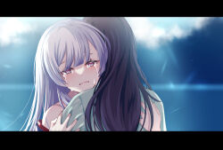  2girls black_hair blurry blurry_background cho_kaguya-hime! commentary_request crying crying_with_eyes_open green_shirt highres hug letterboxed long_hair multiple_girls nayutaro_(awasete0) off_shoulder open_mouth pink_eyes runami_yachiyo sakayori_iroha shirt tears upper_body white_hair 