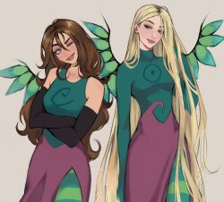  2girls blonde_hair blue_eyes blush brown_hair commentary cornelia_hale cowboy_shot crossed_arms elbow_gloves fairy_wings gloves hair_behind_ear hair_between_eyes highres irma_lair long_hair long_sleeves milenaa_s1 multiple_girls one_eye_closed purple_skirt simple_background skirt smile turtleneck very_long_hair w.i.t.c.h. wings 