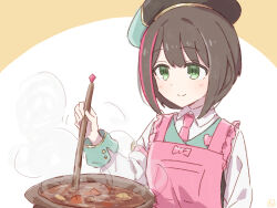  1girl apron bad_food beret black_hat blue_vest blush brown_background brown_hair closed_mouth collared_shirt commentary_request cooking dress_shirt food frilled_apron frills fujiyama_(yellow) green_eyes green_hat green_vest hand_up hat holding ladle light_blush long_sleeves multicolored_hair necktie pink_apron pink_hair pink_necktie princess_connect! red_necktie shirt short_hair sidelocks simple_background smile smoke solo steam streaked_hair two-tone_background two-tone_hair upper_body vest wakana_(princess_connect!) white_apron white_background white_shirt yellow_background 