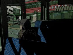  1girl awning black_hair brown_jacket building bus_interior dark earphones earphones highres hood hood_down hooded_jacket jacket kgeroua looking_outside medium_hair original profile shadow sidelighting slice_of_life solo turning_head window 