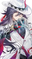  1boy absurdres arm_up ashveil_(honkai:_star_rail) black_hair black_shirt closed_mouth commentary gradient_hair hair_between_eyes haru_(eharuru_32) hat highres honkai:_star_rail honkai_(series) jacket lapels looking_to_the_side male_focus multicolored_hair shirt sideways_glance solo upper_body watch watch white_background white_hat white_jacket 