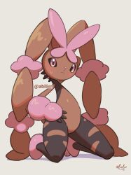  1girl :< absurdres animal_ears black_sclera brown_fur colored_sclera commentary_request full_body furry furry_female grey_background highres hiphighs kneeling looking_at_viewer lopunny mega_lopunny mega_pokemon pink_eyes pink_fur pokemer pokemon pokemon_(creature) rabbit_ears rabbit_girl rabbit_tail simple_background solo tail torn_clothes torn_hiphighs two-tone_fur 