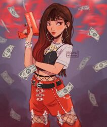  1girl banknote belt black_nails blunt_bangs blush bracelet brown_hair commentary earrings eyeshadow fishnet_pantyhose fishnets hair_behind_ear highres holding instagram_username itslopezz jewelry long_hair looking_to_the_side makeup money pants pantyhose red_eyeshadow red_lips red_pants red_shirt red_velvet_(group) seulgi_(red_velvet) shirt smile solo t-shirt 