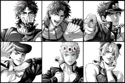  1girl 5boys aqua_eyes asymmetrical_bangs battle_tendency blue_eyes braid chain diamond_wa_kudakenai double_bun family father_and_child father_and_daughter father_and_son fingerless_gloves gakuran giorno_giovanna giorno_giovanna's_pose gloves grandfather_and_grandson greyscale hair_bun hand_on_own_chin hand_on_own_face hat higashikata_josuke higashikata_josuke's_pose highres jewelry jojo_no_kimyou_na_bouken jojo_pose jonathan_joestar jonathan_joestar's_pose joseph_joestar joseph_joestar's_pose joseph_joestar_(young) komiya_harumoto kujo_jolyne kujo_jolyne's_pose kujo_jotaro kujo_jotaro's_pose monochrome multiple_boys open_mouth parent_and_child peaked_cap phantom_blood pointing pointing_at_viewer pompadour scarf school_uniform single_braid smile spot_color stardust_crusaders stone_ocean striped_clothes striped_scarf vento_aureo vertical-striped_clothes vertical-striped_scarf victory_rolls 
