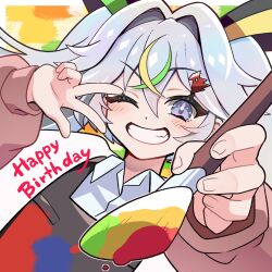  1girl apron black_apron blonde_hair blue_eyes clenched_teeth commentary_request dragon_musume_ni_naritakunai! duel_masters green_hair grey_hair hair_between_eyes hair_ornament happy_birthday highres holding holding_paintbrush jacket looking_at_viewer multicolored_hair one_eye_closed open_clothes open_jacket paint_on_clothes paintbrush pink_jacket shirt smile solo sukune_maron teeth tm11056 twintails upper_body v v_over_eye w white_shirt 