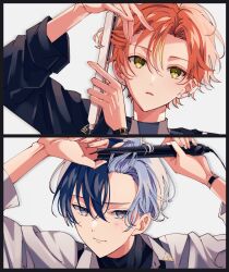  2boys aoyagi_touya arms_up black_border blonde_hair blue_hair border closed_mouth collared_shirt colorful_festival_(project_sekai) curling_iron curtained_hair earrings fingernails gg_suyari green_eyes grey_background hair_between_eyes holding_curling_iron jewelry long_sleeves looking_at_viewer male_focus mole mole_under_eye multicolored_hair multiple_boys official_alternate_costume orange_hair parted_lips project_sekai protected_link shinonome_akito shirt short_hair split-color_hair streaked_hair stud_earrings two-tone_hair upper_body 