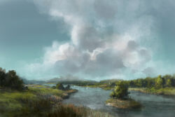  blue_sky boat clouds commentary day english_commentary grass highres hill landscape no_humans original outdoors painterly painting_(medium) philipp_urlich river scenery sky sunlight traditional_media tree water watercraft 