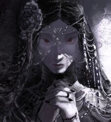  1girl beads black_hair black_nails chain elden_ring elden_ring_nightreign fingernails flower hair_flower hair_ornament headdress highres jewelry locky0001 long_hair looking_at_viewer official_alternate_costume own_hands_clasped own_hands_together pale_skin parted_bangs portrait prayer_beads praying red_eyes shaded_face sharp_fingernails signature simple_background solo undertaker_(elden_ring) veil 