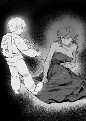  2girls absurdres black_background boots clothes_grab commentary_request curly_hair dress ericht_samaya facing_another floating flower full_body greyscale gundam gundam_suisei_no_majo highres holding holding_flower long_dress long_hair looking_at_another monochrome multiple_girls nideaneng short_hair sitting sleeveless sleeveless_dress spacesuit suletta_mercury sweatdrop thick_eyebrows 