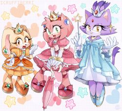 3girls amy_rose animal_ears artist_name blaze_the_cat blue_dress blue_shoes brown_eyes cat_ears cat_girl commentary cosplay cream_the_rabbit crown dress earrings flower_earrings forehead_jewel furry furry_female gloves green_eyes heart hedgehog_girl highres holding holding_umbrella holding_wand jewelry mini_crown multiple_girls orange_shoes pink_dress pink_shoes princess_daisy princess_daisy_(cosplay) princess_peach princess_peach_(cosplay) rabbit_ears rabbit_girl rosalina rosalina_(cosplay) scruffyart shoes sonic_(series) sphere_earrings star_(symbol) star_earrings super_mario_bros. umbrella wand white_gloves yellow_dress yellow_eyes 