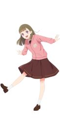  1girl :d bloom_garden_party_jacket braid brown_dress brown_hair brown_shoes center-flap_bangs dress full_body hasu_no_sora_school_uniform highres hood hood_down hooded_jacket jacket kachimachi_kosuzu leg_up link!_like!_love_live! loafers long_sleeves looking_at_viewer love_live! love_live!_hasu_no_sora_jogakuin_school_idol_club_bloom_garden_party medium_dress official_art open_mouth outstretched_arms pink_eyes pink_jacket pleated_dress sailor_collar sailor_dress school_uniform shoes side_ahoge side_braids simple_background smile socks solo standing standing_on_one_leg transparent_background virtual_youtuber white_sailor_collar white_socks winter_uniform 