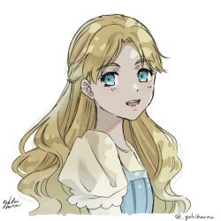  1girl blonde_hair blue_dress blue_eyes blush commentary_request dress erina_pendleton jojo_no_kimyou_na_bouken long_hair looking_at_viewer phantom_blood signature smile wavy_hair white_background yukiharuu 