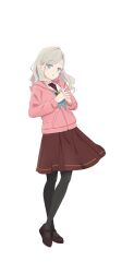  1girl :o aqua_neckerchief black_pantyhose bloom_garden_party_jacket blue_eyes brown_dress brown_shoes ceras_yanagida_lilienfeld crossed_legs dress full_body grey_hair hair_ribbon hasu_no_sora_school_uniform highres hood hood_down hooded_jacket interlocked_fingers jacket link!_like!_love_live! long_sleeves looking_at_viewer love_live! love_live!_hasu_no_sora_jogakuin_school_idol_club_bloom_garden_party mary_janes medium_dress neckerchief official_art own_hands_together pantyhose parted_lips pink_jacket pink_ribbon pleated_dress ribbon sailor_collar sailor_dress school_uniform shoes simple_background single_hair_intake solo standing transparent_background virtual_youtuber white_sailor_collar winter_uniform 