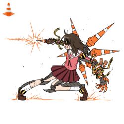  1girl azumanga_daioh blood blood_on_face brown_hair brown_shoes caution_tape collared_shirt commentary cyborg english_commentary farhan_melukis from_side full_body kasuga_ayumu laser long_hair mechanical_arms mechanical_legs mechanization open_mouth pink_shirt red_skirt reference_inset sailor_collar shirt shoes skirt sliding solo traffic_cone ultrakill vlc_media_player weapon_request white_background yellow_eyes 