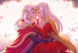  2girls arm_around_shoulder artist_name backlighting bare_shoulders black_dress blush breasts bridal_gauntlets cape circlet closed_eyes commentary dress earrings edelgard_von_hresvelg edelgard_von_hresvelg_(adorned_eagle) english_commentary evomanaphy fire_emblem fire_emblem:_radiant_dawn fire_emblem:_three_houses fur-trimmed_cape fur_trim gift_art gold_choker hand_on_another's_cheek hand_on_another's_face hand_on_another's_waist highres imminent_kiss jewelry large_breasts long_hair long_sleeves micaiah_(fire_emblem) micaiah_(radiant_queen)_(fire_emblem) multiple_girls open_mouth petals red_cape red_dress sitting smile white_hair yuri 