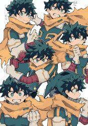  1boy absurdres bodysuit boku_no_hero_academia cape clenched_hand commentary freckles gloves green_bodysuit green_eyes green_hair green_sleeves highres hood hooded_bodysuit looking_at_viewer male_focus midoriya_izuku multiple_boys open_mouth red_sleeves short_hair smile solo sparkle superhero_costume teeth twixei0 untranslatable_commentary white_background white_gloves yellow_cape 