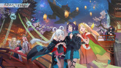  2boys 6+girls aged_down animal_ear_fluff animal_ears aqua_eyes architecture ayatsumugi_roka bare_shoulders blue_eyes blue_hoodie blue_nails blunt_sidelocks breasts chibi_yachiyo chinese_commentary cho_kaguya-hime! collarbone commentary_request copyright_name crescent crescent_hair_ornament criss-cross_halter droopy_ears east_asian_architecture eyeshadow fireworks forehead_jewel fox_ears hair_ornament hair_rings hair_stick halterneck highres hood hood_down hoodie isayama_mami japanese_clothes kaguya_(cho_kaguya-hime!) kimono komazawa_noi komazawa_rai lantern long_hair lop_rabbit_ears makeup medium_breasts mikado_akira_(cho_kaguya-hime!) multiple_boys multiple_girls night off_shoulder paper_lantern parted_bangs pink_nails purple_hair purple_kimono rabbit_ears red_eyeshadow red_kimono runami_yachiyo sakayori_iroha shiliu_xian_xian_xian short_hair sidelocks sky_lantern small_breasts straight_hair thigh_strap twintails umbrella_octopus white_hair wide_sleeves wispy_bangs yuri 