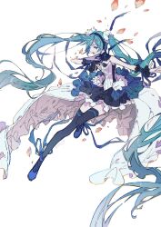  1girl bare_shoulders black_skirt black_thighhighs blue_eyes blue_hair blue_shoes commentary_request frilled_skirt frills full_body hatsune_miku hazime headphones highres long_hair miniskirt open_mouth outstretched_arms shirt shoes simple_background skirt sleeveless sleeveless_shirt solo spread_arms thigh-highs twintails very_long_hair vocaloid white_background white_shirt wrist_cuffs zettai_ryouiki 