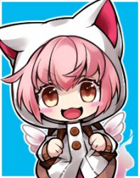  1girl :3 animal_ear_hood blue_background blush_stickers commentary_request cw_hituzi emil_chronicle_online ghost_girl ghost_tail hood jacket lowres nekomata_momo official_alternate_costume open_mouth pink_hair pink_wings solo white_hood white_jacket wings yellow_eyes 