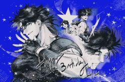  1boy absurdres armor black_hair blood blood_from_mouth blue_background commentary english_commentary fingerless_gloves gloves happy_birthday highres holding holding_sword holding_weapon jojo_no_kimyou_na_bouken jonathan_joestar monochrome muscular muscular_male phantom_blood short_hair shoulder_armor star_(symbol) sword wanwan279 weapon 