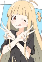  1girl absurdres ahoge black_shirt blonde_hair blue_background blush brown_eyes cho_kaguya-hime! closed_mouth commentary_request double_v hands_up highres kaguya_(cho_kaguya-hime!) long_hair looking_at_viewer one_eye_closed shiox shirt short_sleeves solo tongue tongue_out upper_body v 