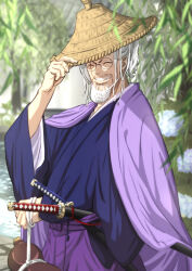  1boy adjusting_clothes adjusting_headwear closed_eyes commentary_request facial_hair facing_viewer flower gourd grin hat highres hydrangea japanese_clothes long_sleeves male_focus musasabiop mustache_stubble one_piece rice_hat scar scar_across_eye scar_on_face silvers_rayleigh smile solo stubble sword weapon 