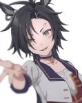  1girl air_shakur_(umamusume) animal_ears bangs black_hair blurry choker collarbone common_race_outfit_(umamusume) depth_of_field eyebrow_piercing hakuhatsu horse_ears long_hair looking_at_viewer open_mouth outstretched_arm parted_bangs piercing sharp_teeth simple_background solo teeth translation_request umamusume upper_body white_background yellow_eyes 