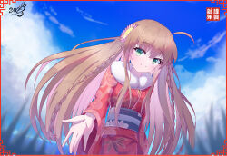  1girl \||/ ahoge alternate_costume blue_sky blurry blurry_background blush border braid brown_hair closed_mouth commentary_request cowboy_shot day eyelashes eyes_visible_through_hair floating_hair floral_print floral_print_kimono flower fur-trimmed_kimono fur_trim furisode green_eyes hair_between_eyes hair_flower hair_ornament happy_new_year highres japanese_clothes kanbe_kotori kimono leaf_print long_hair long_sleeves looking_at_viewer new_year ocean outdoors pink_flower print_kimono reaching reaching_towards_viewer red_border red_kimono rewrite shiki_hamaguri sky smile solo split_mouth twin_braids very_long_hair wide_sleeves 