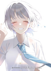  1girl ^_^ blue_necktie chitose-kun_wa_ramune_bin_no_naka closed_eyes collared_shirt commentary_request diagonal-striped_clothes diagonal-striped_necktie dress_shirt facing_viewer grey_hair grin hair_intakes hand_up highres minatoasu necktie nishino_asuka shirt short_hair short_sleeves simple_background smile solo striped_clothes tears upper_body white_background white_shirt 